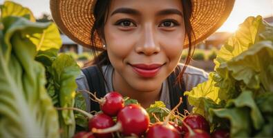 A woman in a straw hat is smiling while holding radishes photo