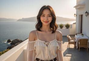 A woman in a white top standing on a balcony overlooking the ocean photo