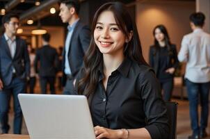 Successful businesswoman sitting with laptop smiling confidently while colleagues work in background modern office setting career woman photo