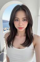 A woman in a white tank top taking a selfie photo