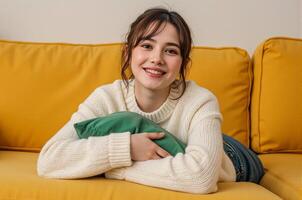 A woman in a sweater is smiling while sitting on a couch photo