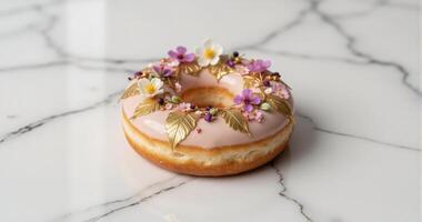 A donut with pink frosting and flowers on top photo