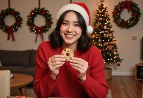 A woman in a santa hat holding a cookie photo