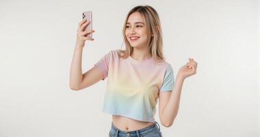A woman in a rainbow shirt taking a selfie photo