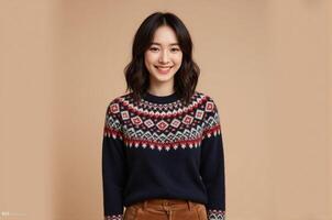 Cheerful woman with black wavy bob wears Christmas knit sweater and skirt posing playfully against beige studio backdrop photo