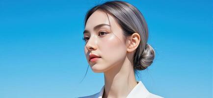 A woman with a white shirt and a blue sky background photo