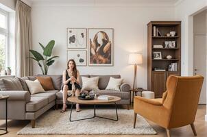 A woman sitting on a couch in a living room photo