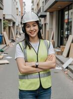 Asian female construction worker standing in the street photo