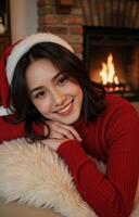 Stylish holiday look woman with black wavy bob wears Santa hat and red sweater on cozy living room sofa decor photo