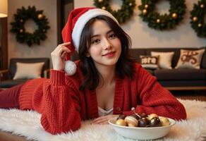 Festive home vibe stylish lady in Santa hat and red sweater lounges on couch in decorated living room wavy bob photo