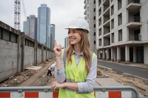 A woman in a hard hat and vest standing in front of a construction site photo