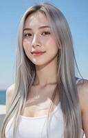 A woman with long gray hair and white tank top photo