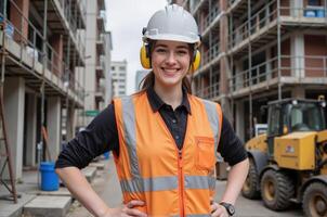 A woman in an orange vest and safety helmet standing in front of a construction site photo