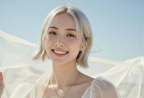 A woman with white hair smiling photo