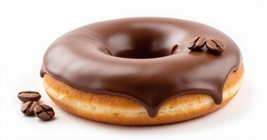 Chocolate glazed donut with coffee beans on white background photo