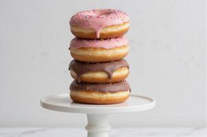 A stack of three donuts on a white pedestal photo