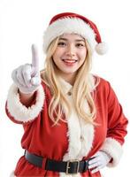 A woman in santa claus costume showing off her finger photo
