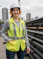 A woman wearing a safety vest and headphones photo