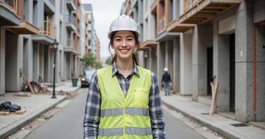 Smiling woman in construction gear poses assertively on a partially closed road with cement barriers and safety equipment photo