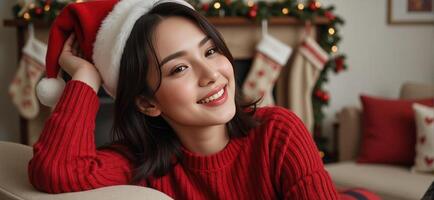 A woman in a red sweater and santa hat is smiling photo