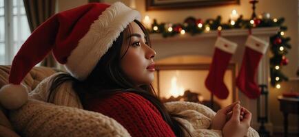 A woman in a christmas hat sitting in front of a fireplace photo