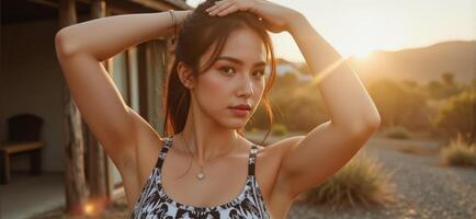 A woman in a leopard print top is posing for the camera photo