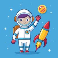 Astronaut Joyfully Waving Goodbye to Rocket Spaceship Cartoon Icon vector
