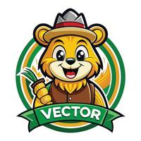 Cartoonish Illustration of a Playful Straw Bear Mascot with a Friendly Expression and a Charming Straw Hat vector