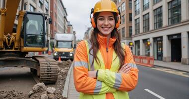 A woman in an orange safety vest standing in front of a construction site photo