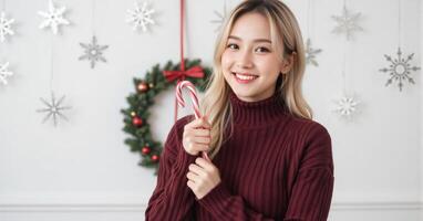 A woman holding a candy cane in front of christmas decorations photo