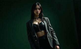 A woman in a black top and jacket standing against a green background photo