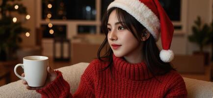 A woman in a red sweater and santa hat holding a cup of coffee photo