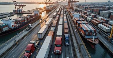 Trucks are driving down a road near a port photo