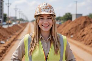 Self-assured female worker in construction gear poses confidently on a street with barriers and cones photo