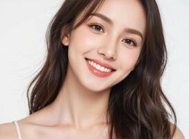 Radiant woman with silky black hair and soft pink blush smiles at camera in clean white studio perfect for beauty campaign photo