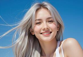 Joyful model with sleek silver locks poses against blue sky highlighting healthy hair glow photo