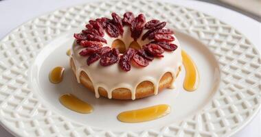 A donut with cranberries and icing on it photo