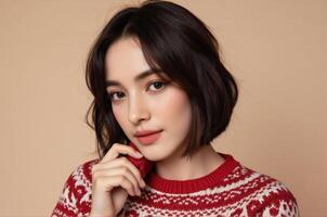 A woman with short hair and a red sweater photo