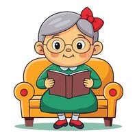 Adorably Cute Grandmother Reading a Book Comfortably on a Sofa Cartoon vector
