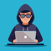 Sophisticated Hacker Operating a Laptop with Cartoonish Elements vector