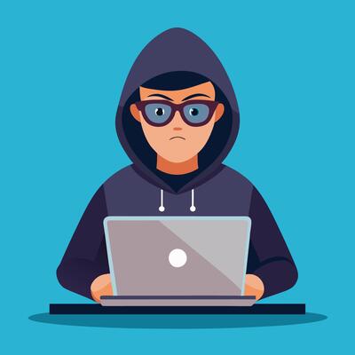 Sophisticated Hacker Operating a Laptop with Cartoonish Elements