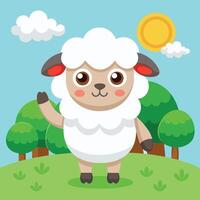 Cute Cartoon Illustration of a Sheep Waving with Its Hand vector