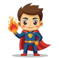 Cute Superhero with Flaming Power Blazing from Hand in Cartoon Style vector
