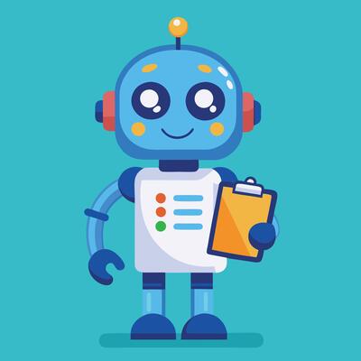 Adorable Robot Cartoon Icon with Clipboard in Hand