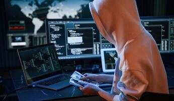 With currency, in hands. Young professional female hacker is indoors by computer with lot of information on displays photo