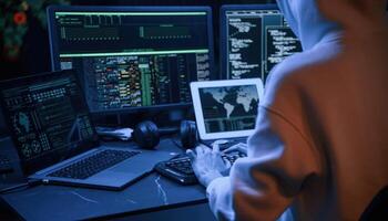 Blue, neon light. Young professional female hacker is indoors by computer with lot of information on displays photo