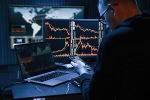 Financial, Analyst ,Working on a Computer with Multi-Monitor Workstation with Real-Time Stocks, Commodities and Exchange Market Charts. photo