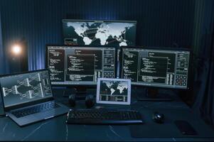 Multiple, screens with information. Cyber criminal haker dark room for massive attack of corporate big data servers photo