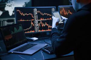 Financial Analyst Working, on a Computer with Multi-Monitor Workstation with Real-Time Stocks, Commodities and Exchange Market Charts. photo