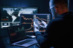 Financial Analyst Working on ,a Computer with Multi-Monitor Workstation with Real-Time Stocks, Commodities and Exchange Market Charts. photo